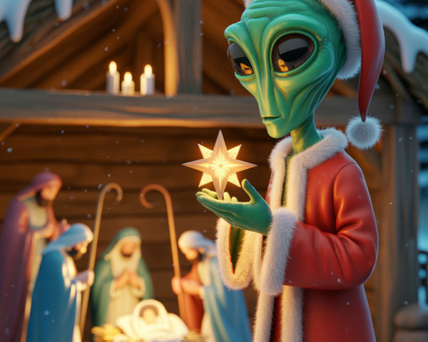 3D Rendering of Alien in Santa Hat by Nativity Scene