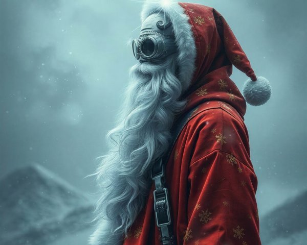 Santa Claus in Red Suit with Gas Mask in Snowy Landscape