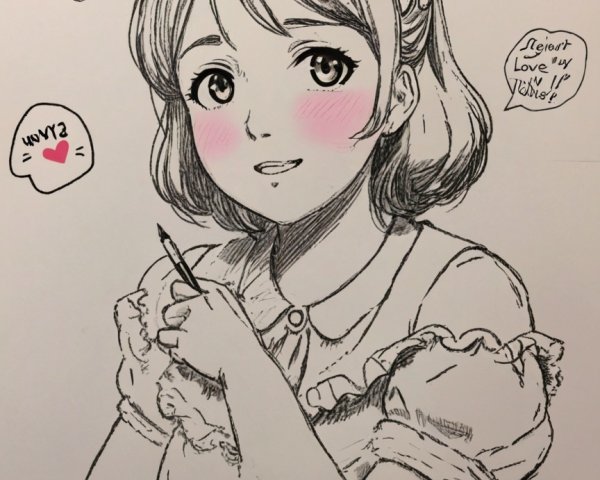 Candid ink sketch of a young anime girl with blush