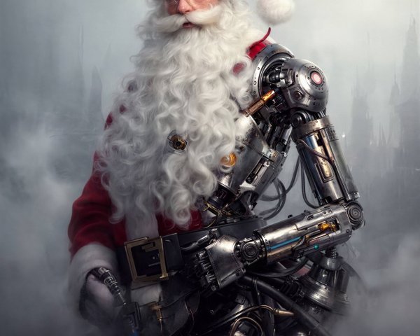 Cyborg Santa Claus with Mechanical Features and Background