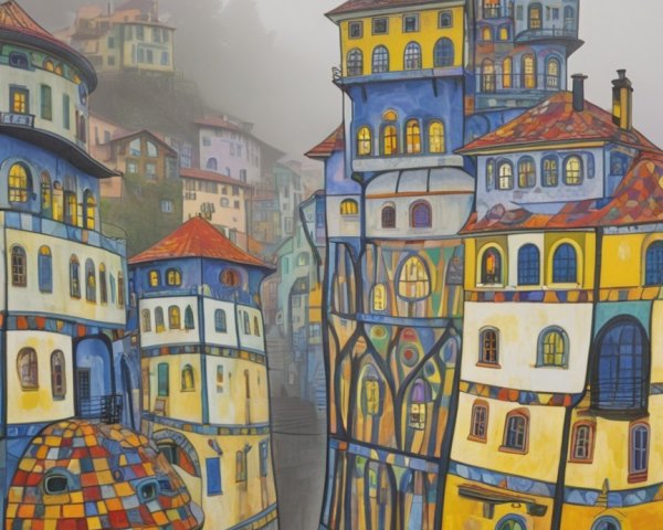 Whimsical Painting of a Colorful Fantastical Village