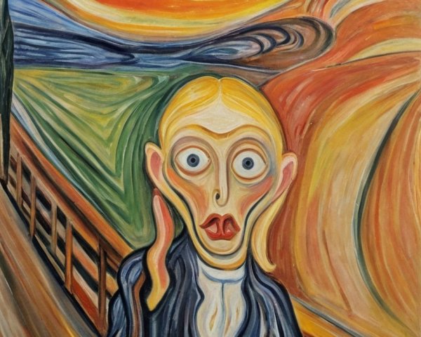 Distorted figure on bridge with vibrant swirling skies