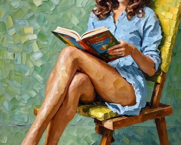 Oil Painting of a Woman Reading in a Green Setting