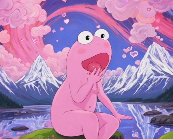 Animated Pink Frog on Mossy Rock by Blue River
