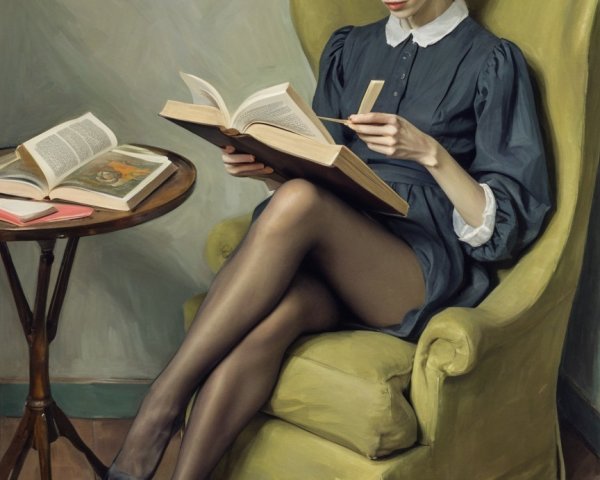 Painting of a Woman Reading in a Lime-Green Armchair