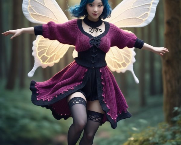 Floating Fairy in Forest with Butterfly Wings and Sun Rays