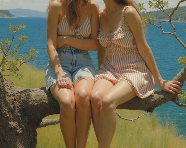 Young Women Embracing on Tree Branch by Lake
