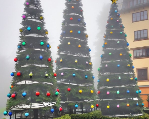 Large Christmas Trees with Star Toppers and Lights