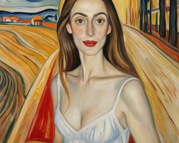 Oil Painting of Woman with Bagel Sandwich and Night Sky