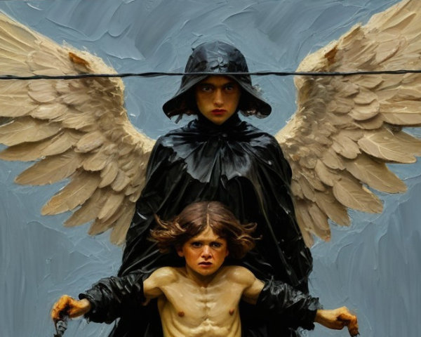 Painting of Two Figures with Feathered Wings and Cloak