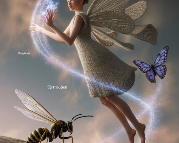 Fairy-like figure with knitted wings in cloudy sky