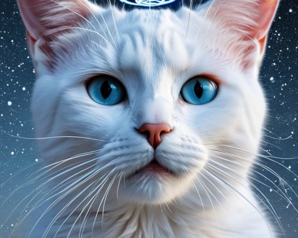 Close-up Portrait of a White Cat with Blue Eyes