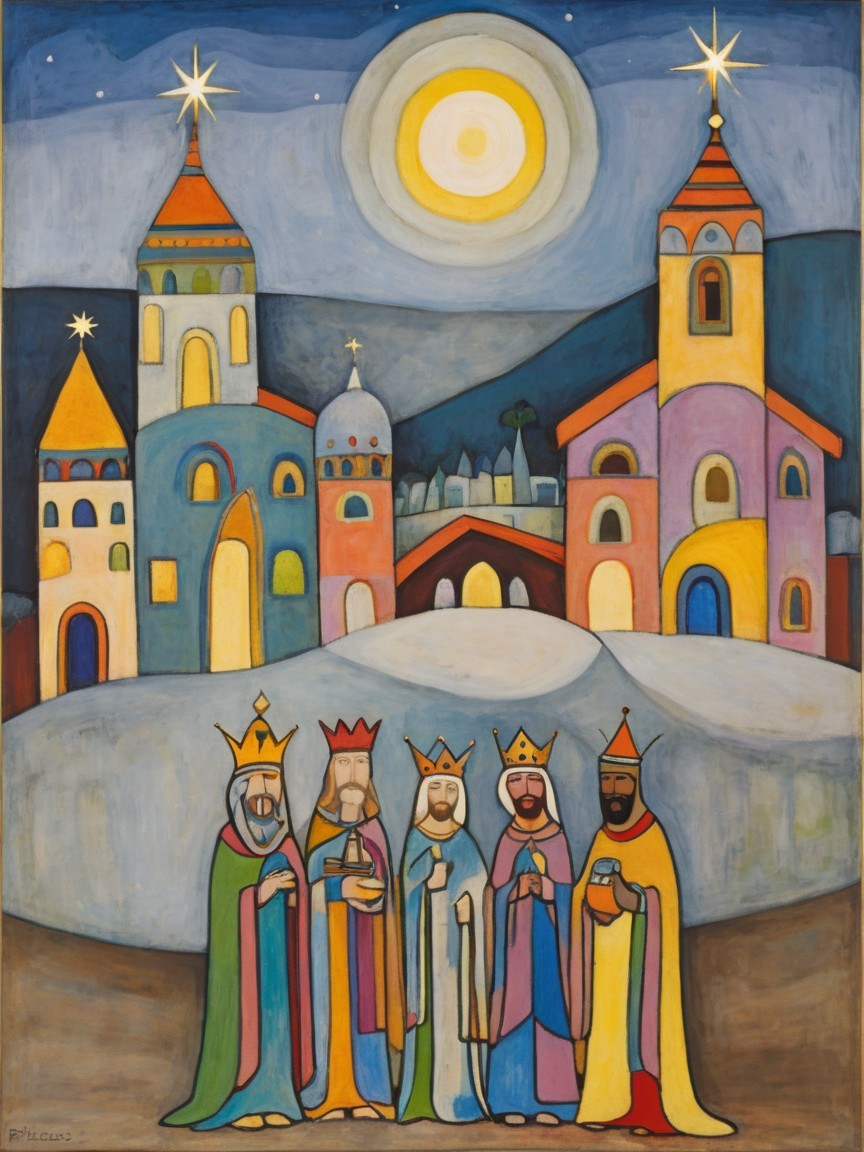 Acrylic Painting of Town and Magi in Night Scene