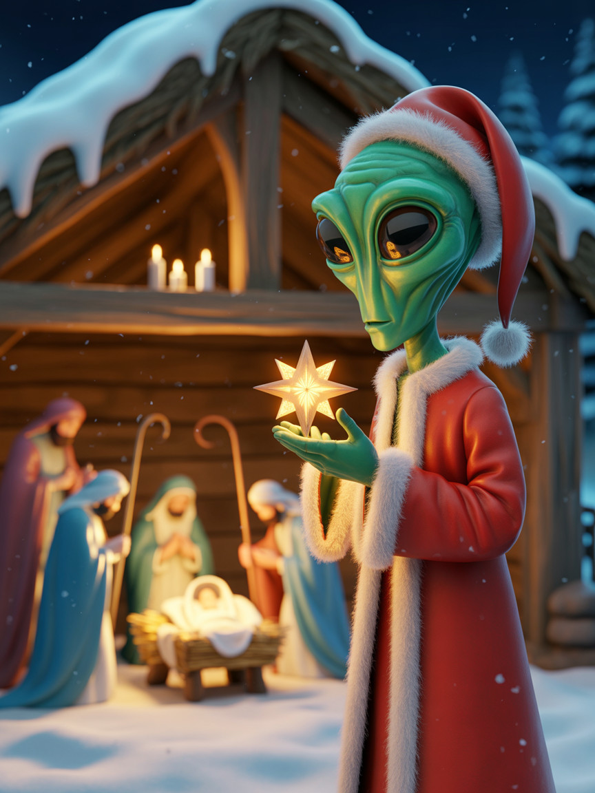3D Rendering of Alien in Santa Hat by Nativity Scene