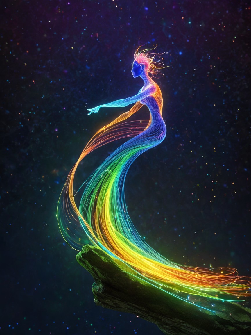 Digital painting of a luminous woman on a cliff