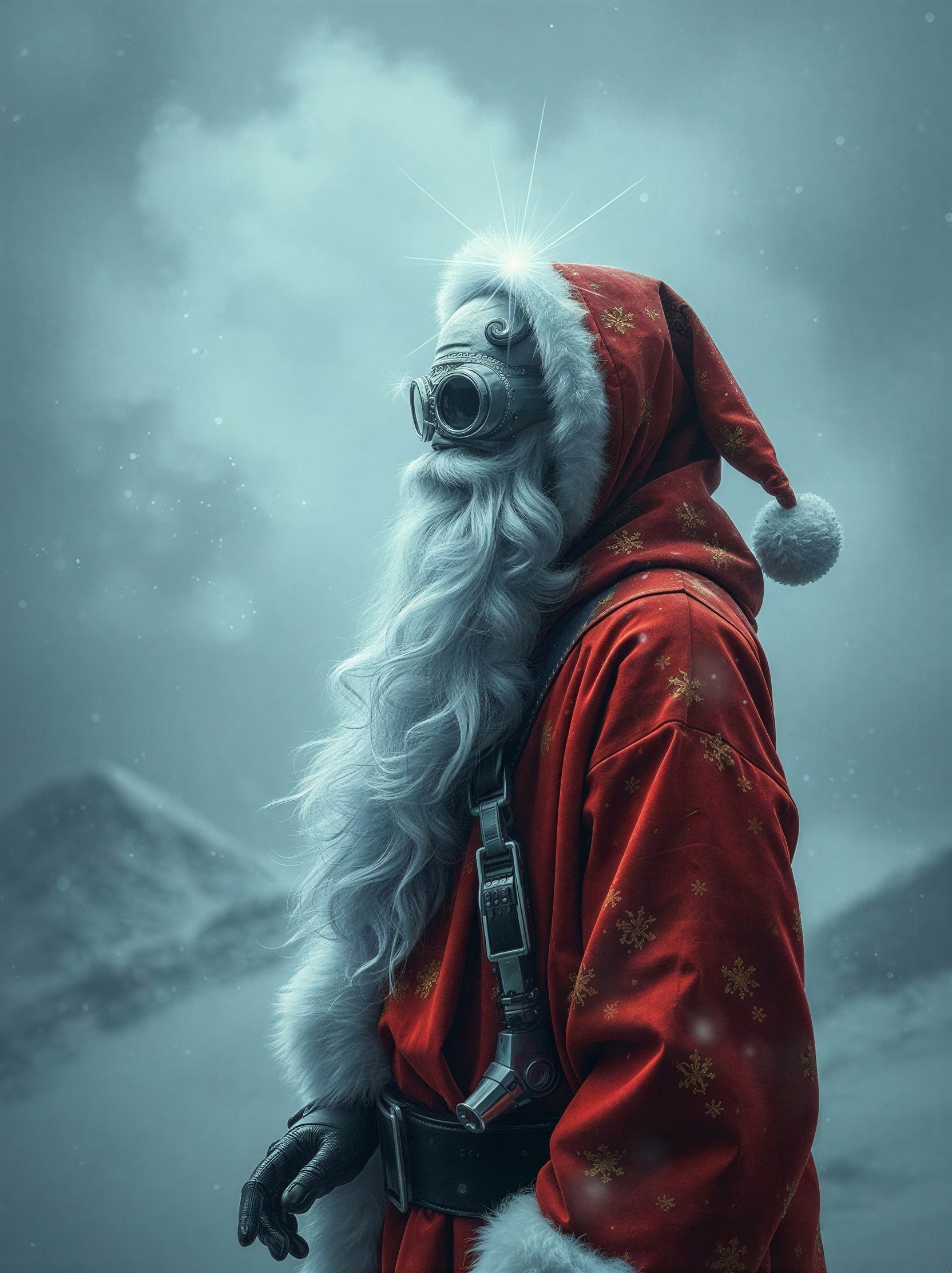Santa Claus in Red Suit with Gas Mask in Snowy Landscape