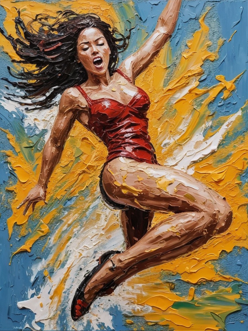 Impasto Oil Painting of Woman in Red Swimsuit