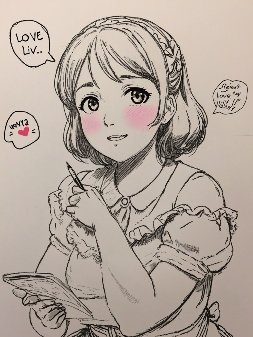 Candid ink sketch of a young anime girl with blush