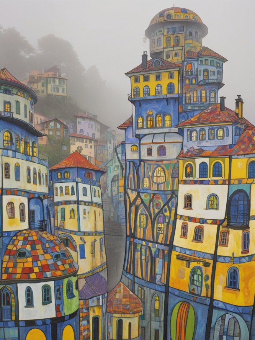 Whimsical Painting of a Colorful Fantastical Village