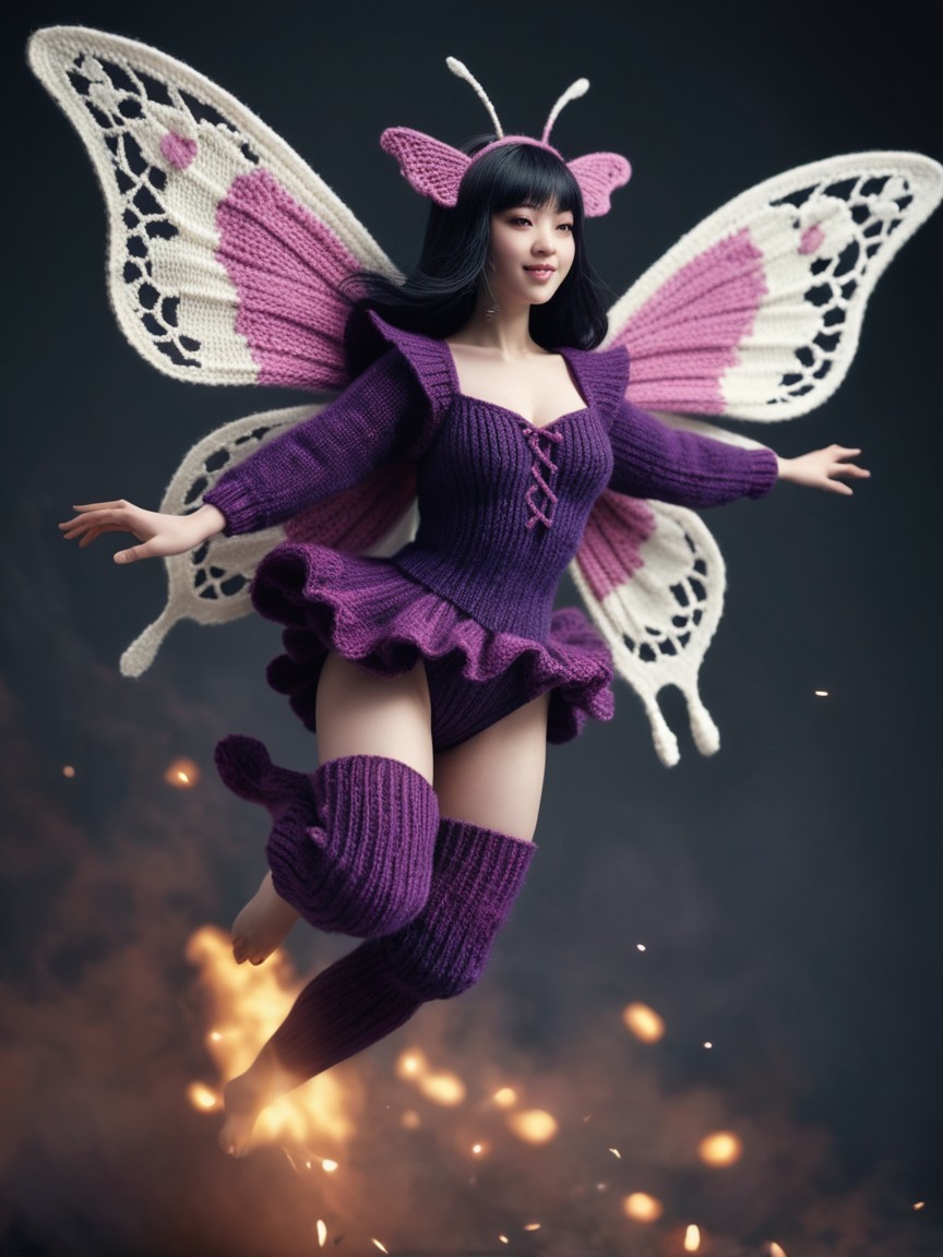 Knitted Asian Woman with Butterfly Wings in Soft Light
