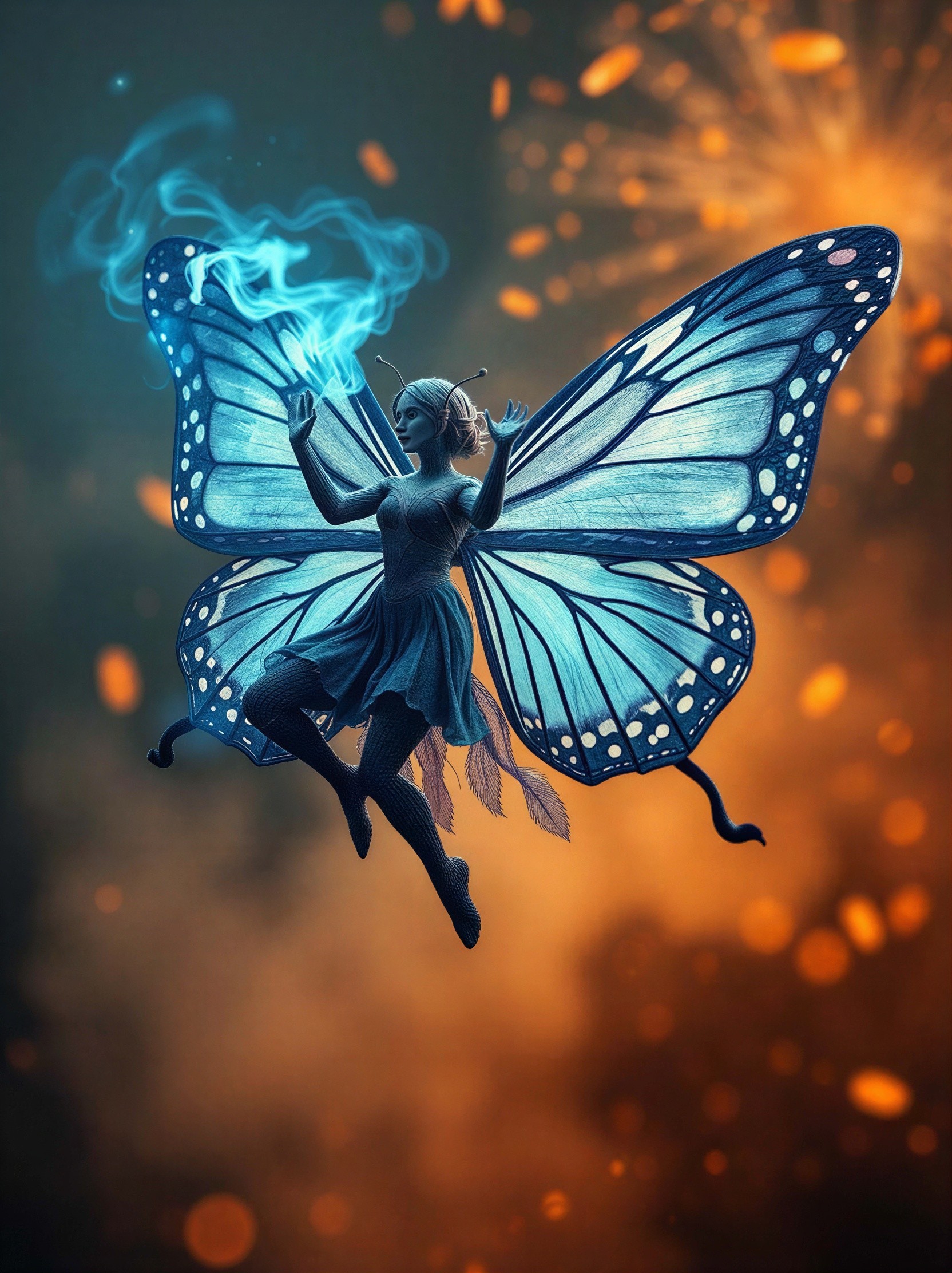 Fairy with Blue Butterfly Wings in Dark and Bright Background