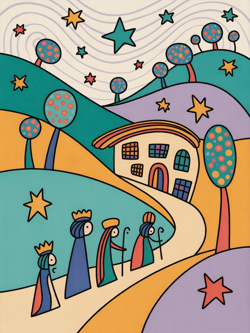 Colorful Illustration of the Three Wise Men's Journey