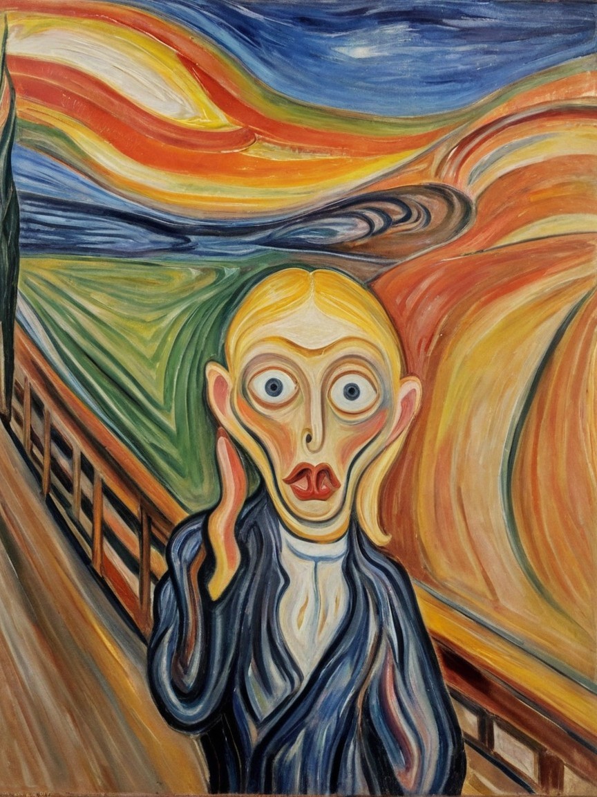 Distorted figure on bridge with vibrant swirling skies