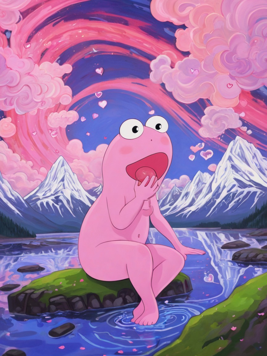 Animated Pink Frog on Mossy Rock by Blue River