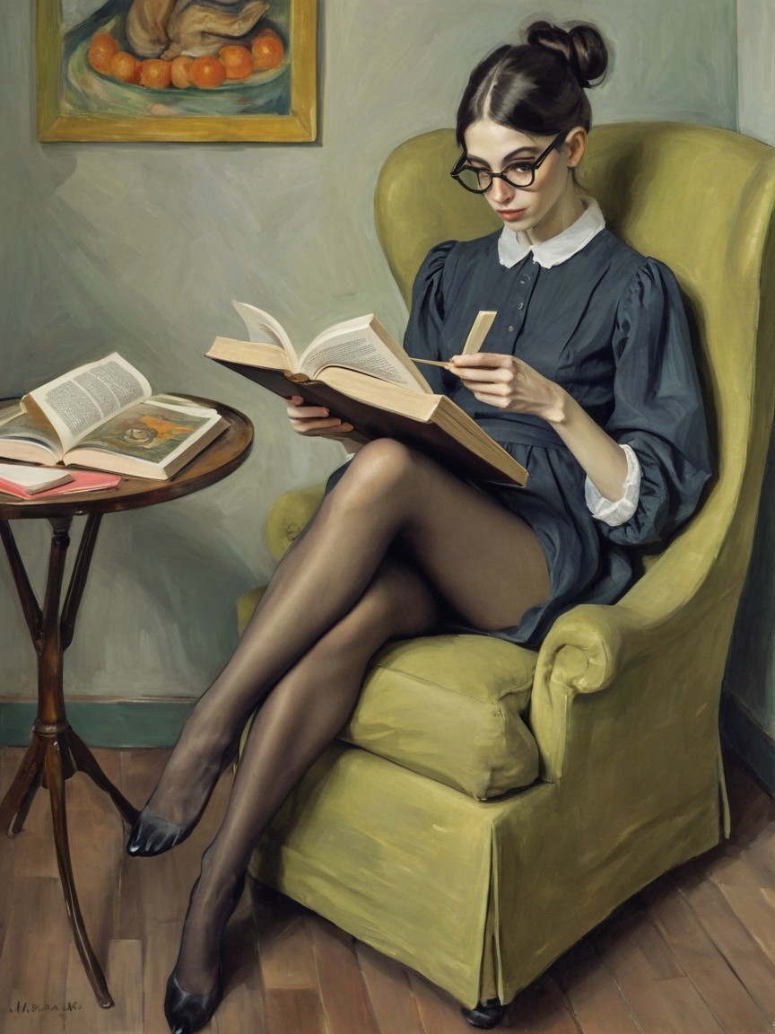 Painting of a Woman Reading in a Lime-Green Armchair