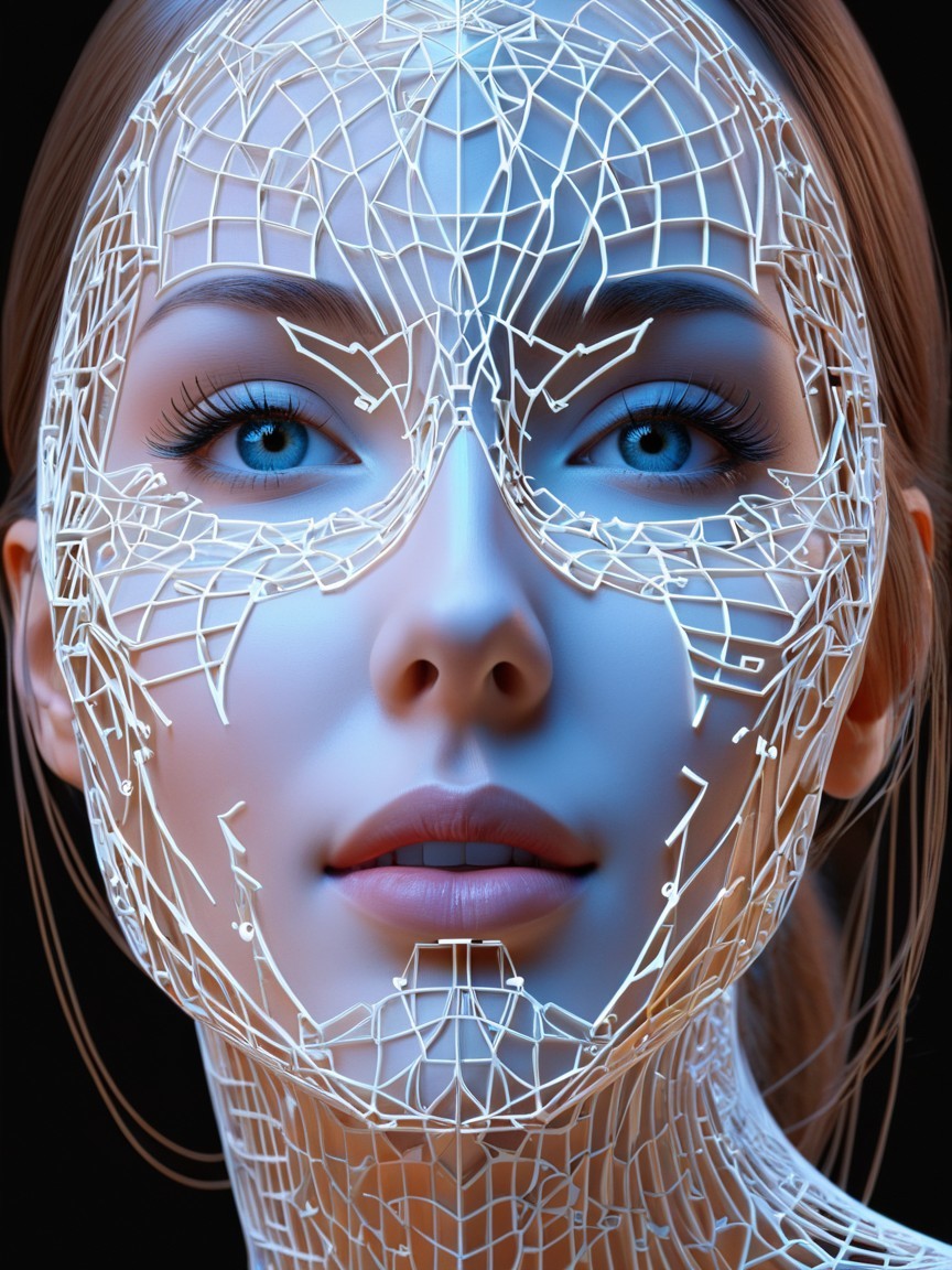 Close-Up of a Cyborg Woman's Face with Blue Light
