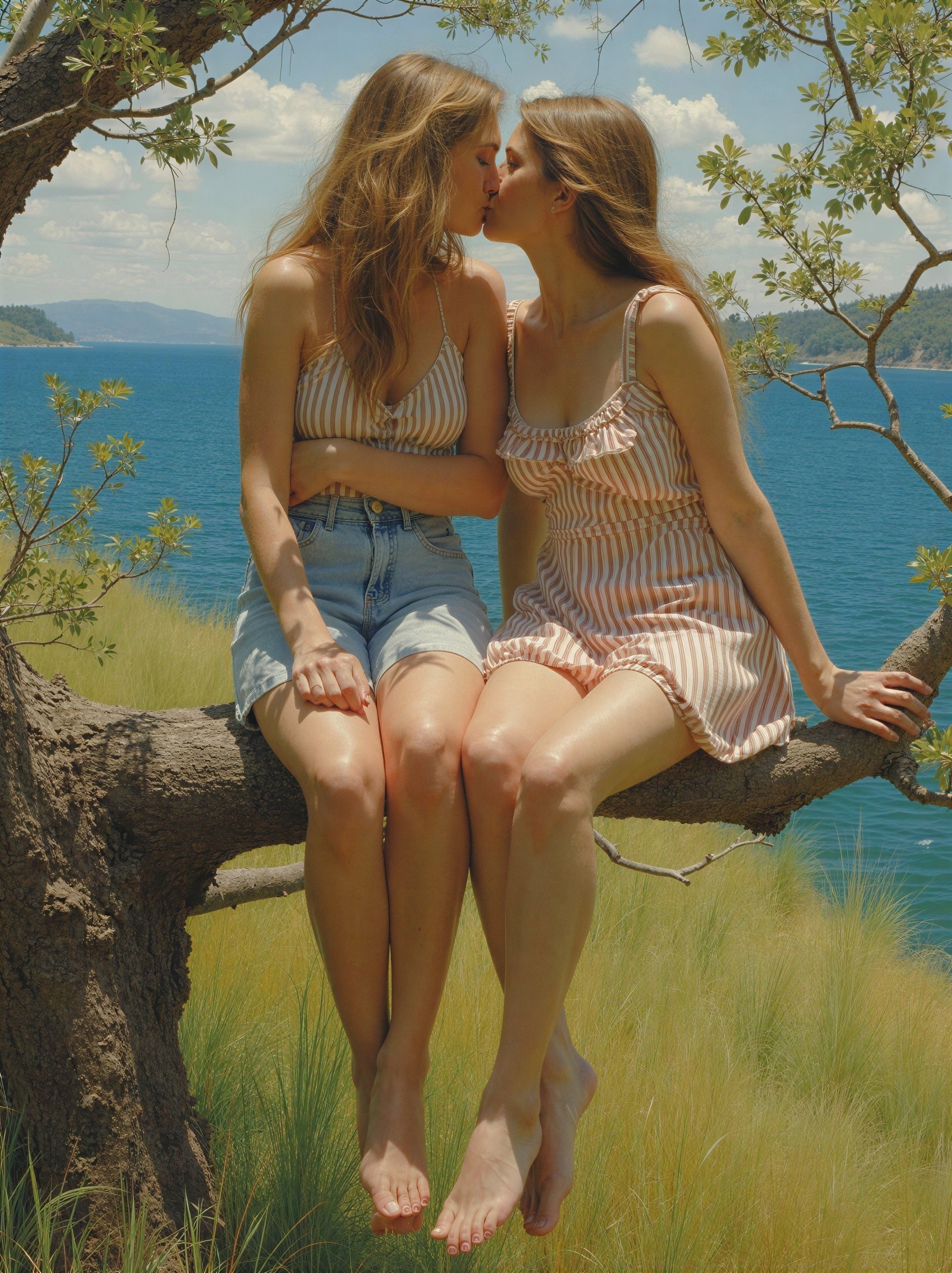 Young Women Embracing on Tree Branch by Lake