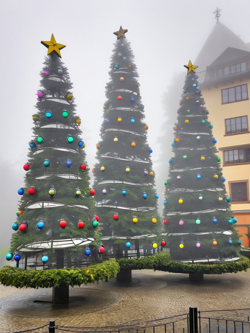 Large Christmas Trees with Star Toppers and Lights