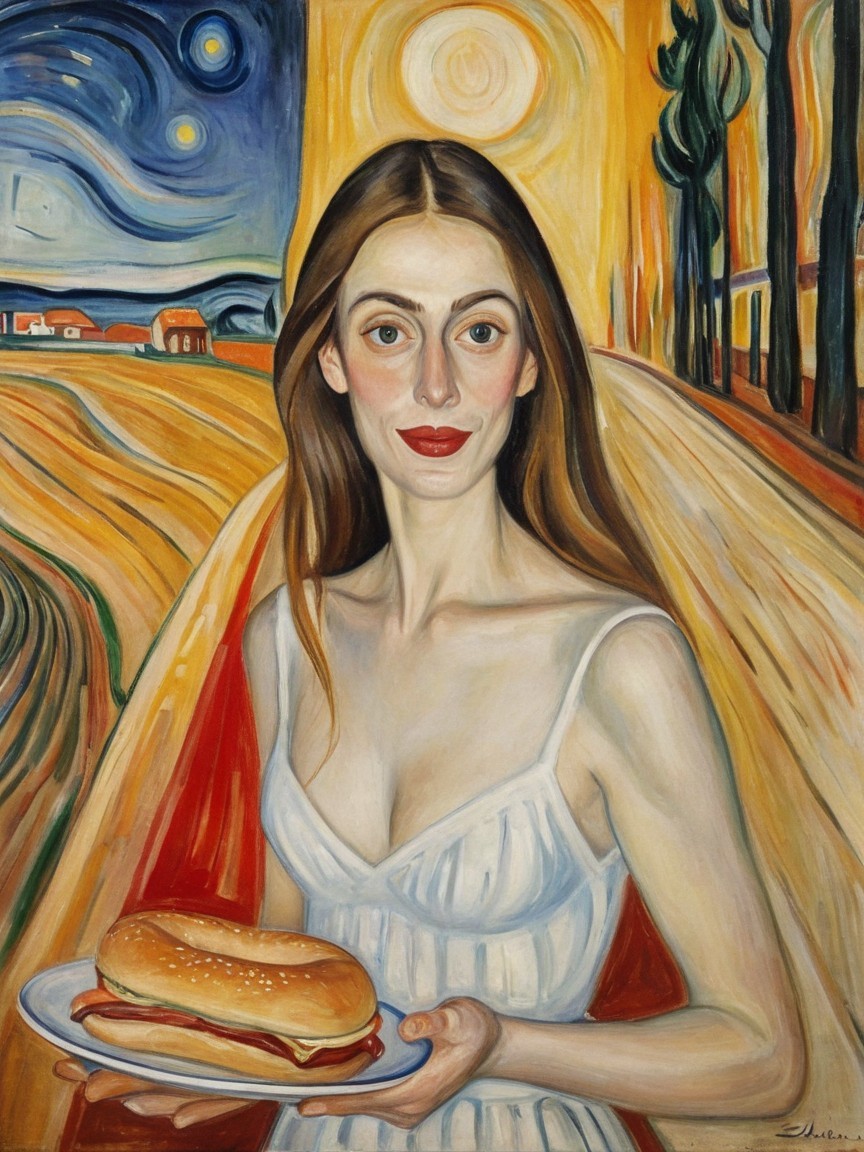 Oil Painting of Woman with Bagel Sandwich and Night Sky