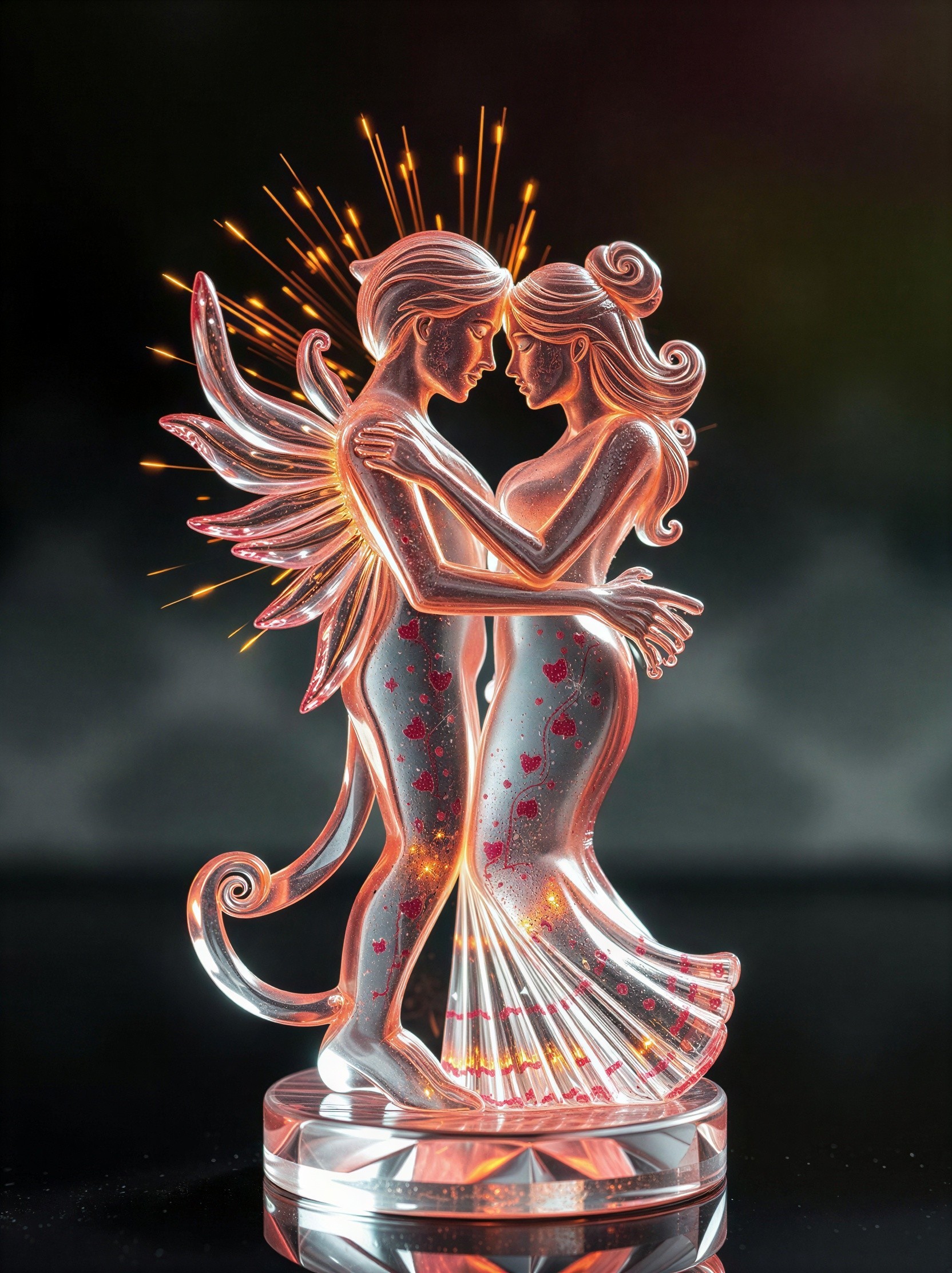 Translucent Pink Glass Embrace Statuette with Hearts