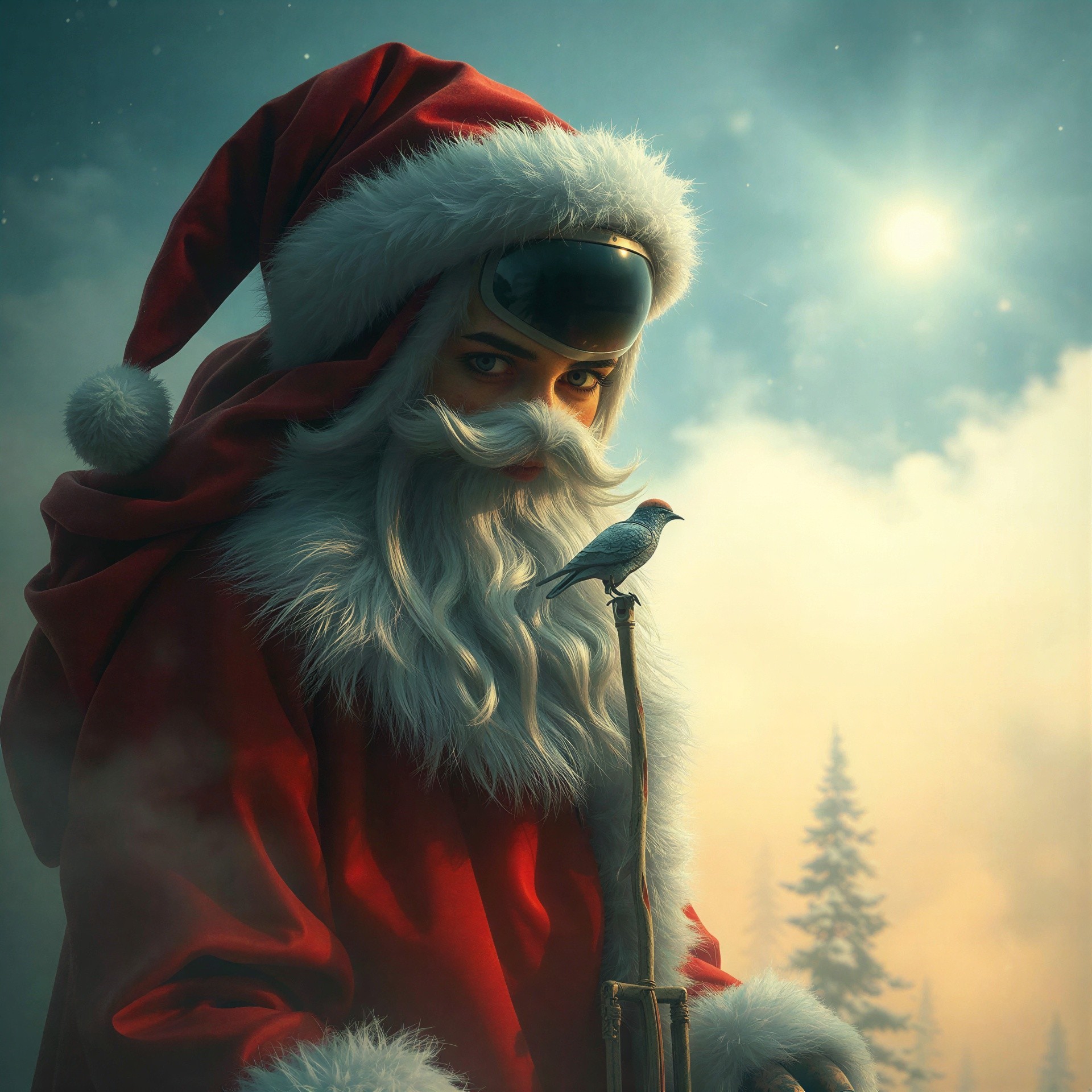 Mysterious Santa Claus Portrait in Winter Scene