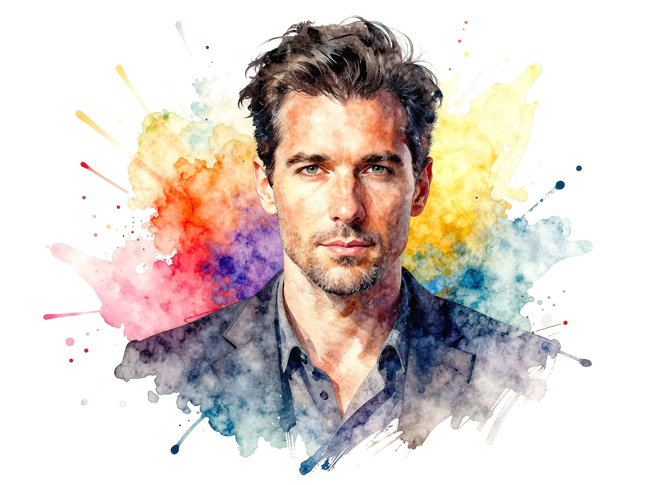 Watercolor Portrait of a Man with Dark Hair and Green Eyes