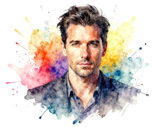 Watercolor Portrait of a Man with Dark Hair and Green Eyes