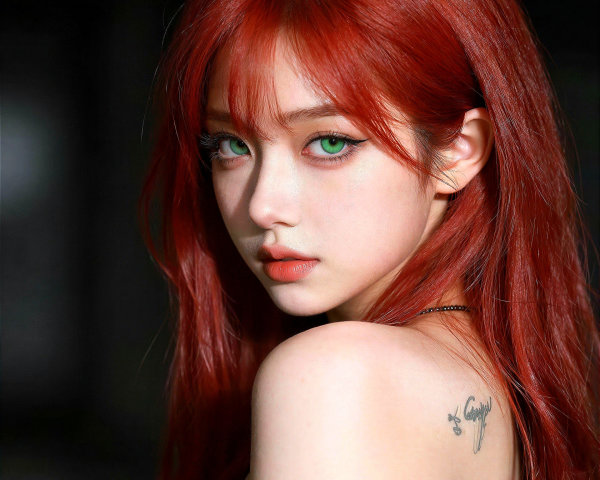 Asian woman with long red hair and green eyes