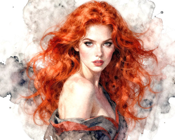 Watercolor Portrait of a Young Woman with Red Hair