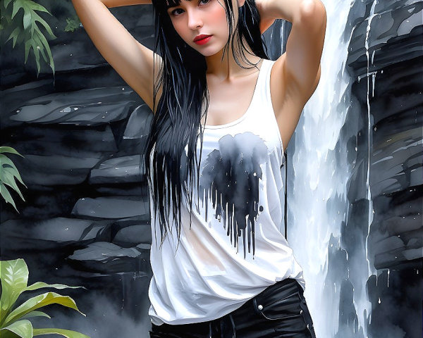 Digital painting of a woman by a waterfall