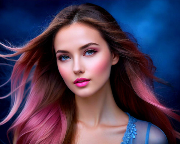 Portrait of a woman with blue eyes and pink accents