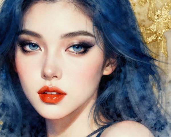 Watercolor Painting of a Young Woman with Blue Hair