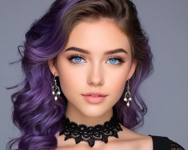 Close-up portrait of a woman with purple and brown hair