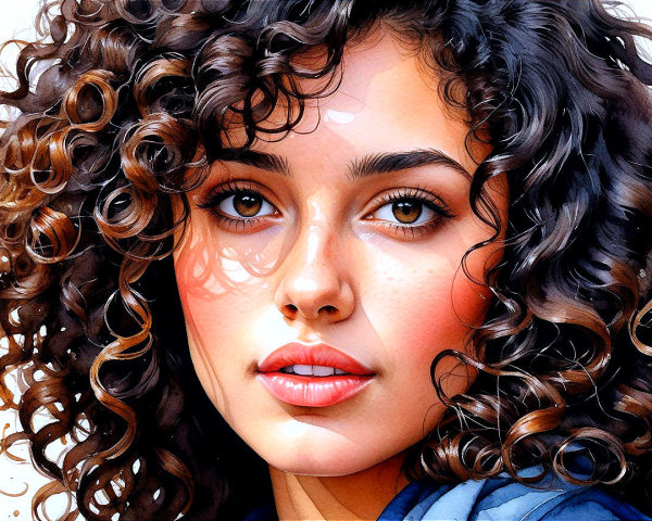 Watercolor Portrait of a Young Woman with Curly Hair