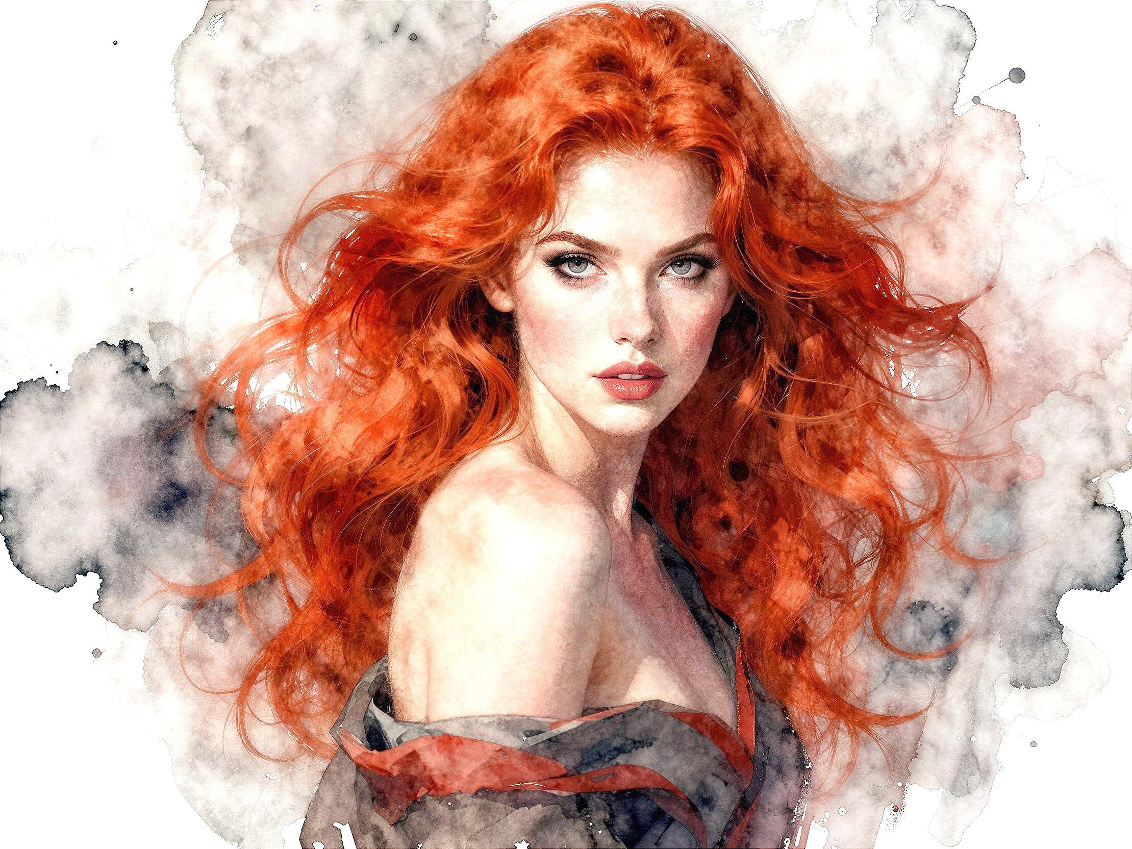 Watercolor Portrait of a Young Woman with Red Hair