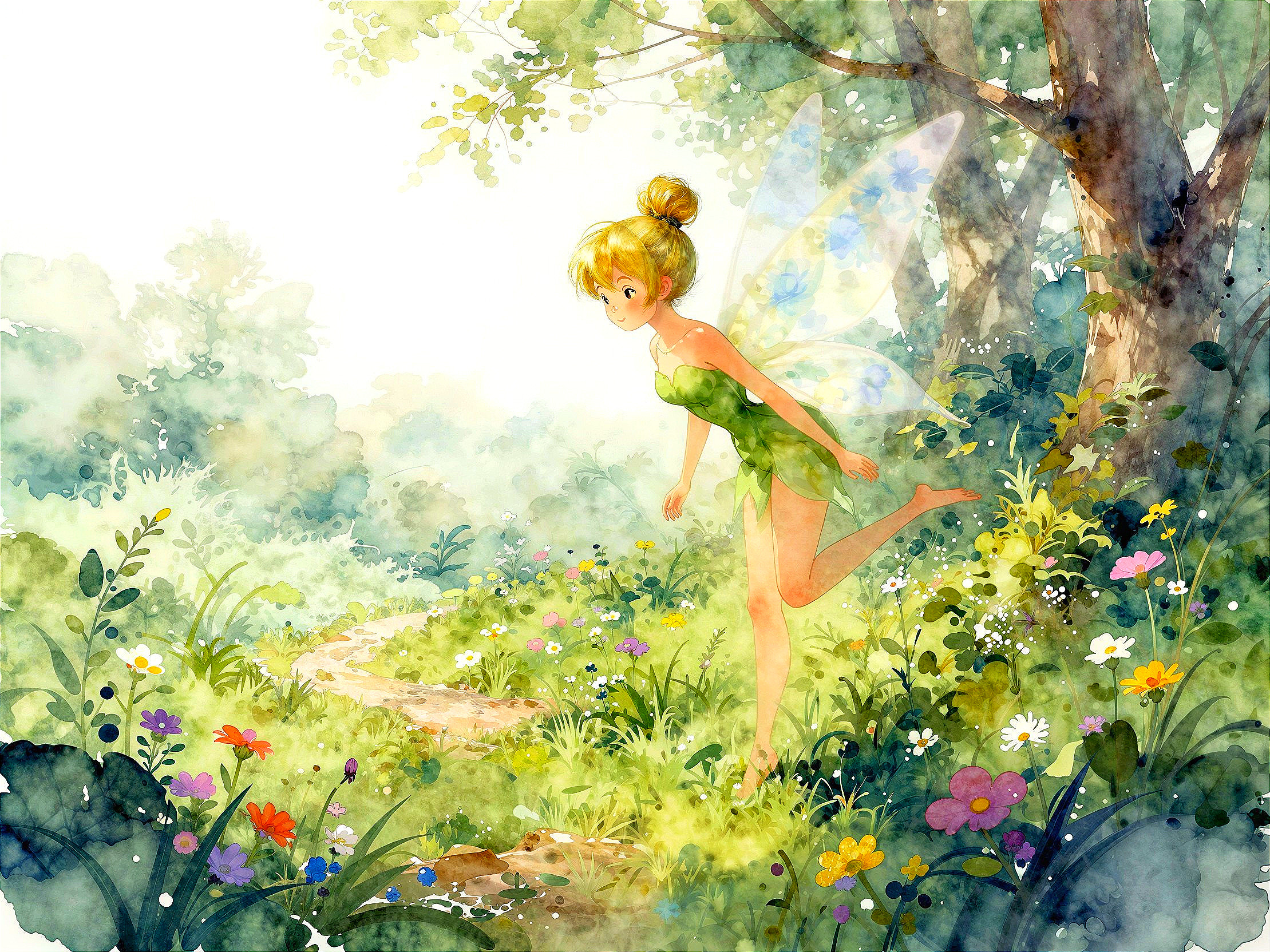 Watercolor Painting of a Fairy in a Sunlit Forest