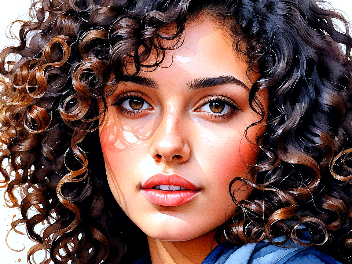 Watercolor Portrait of a Young Woman with Curly Hair