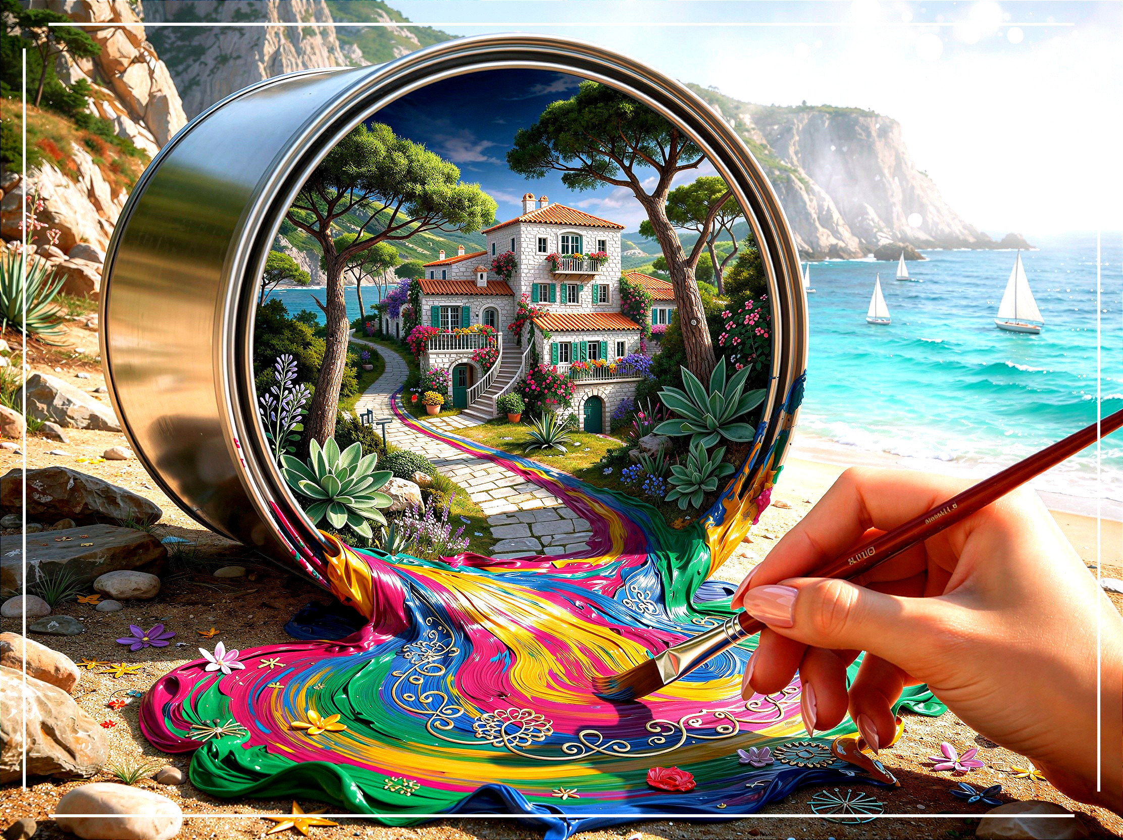 Surreal Paint Spill on Sandy Beach with Floral Patterns