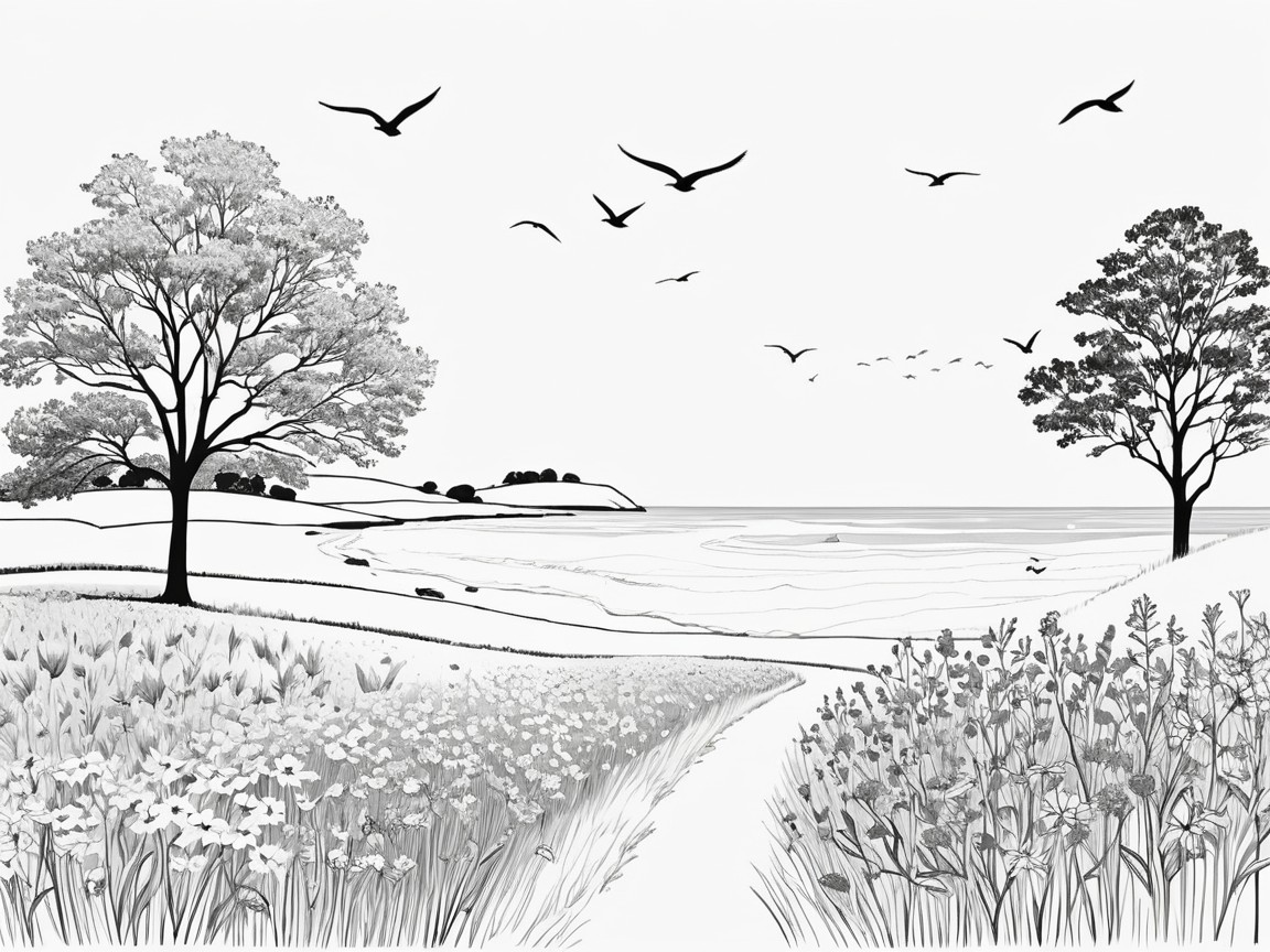 Black and White Coastal Scene with Wildflowers and Hills