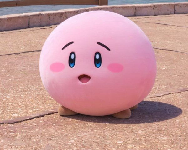 Pink Plush Toy with Worried Expression on Concrete